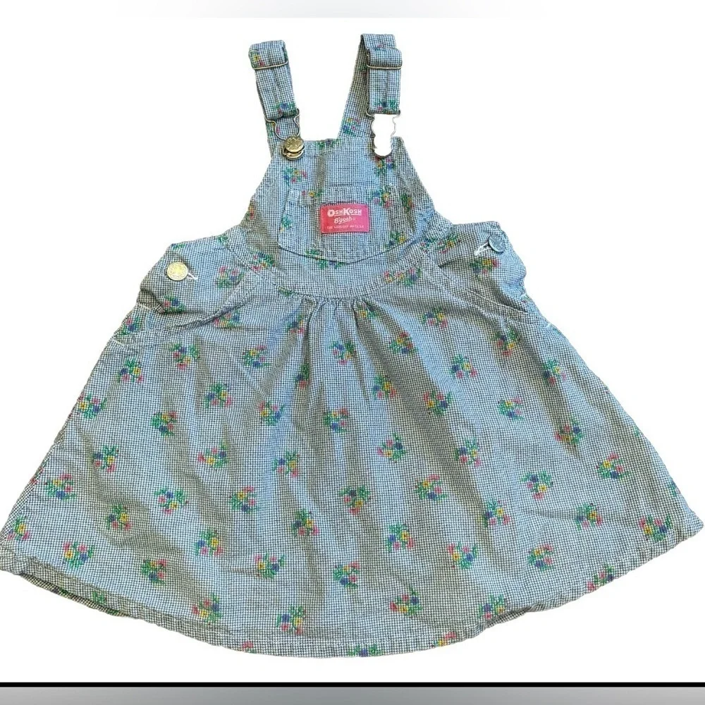 Oshkosh B'Gosh Floral Plaid BlueDress Overall 3T USA Vestbak‎ Jumper Gingham VTG